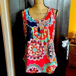 Multi-color fun tank top with button neckline, never worn, size M